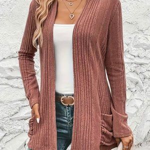 NEW Solid Open Front Rib Knit Cardigan, Casual Long Sleeve Slim Pocket Cardigan